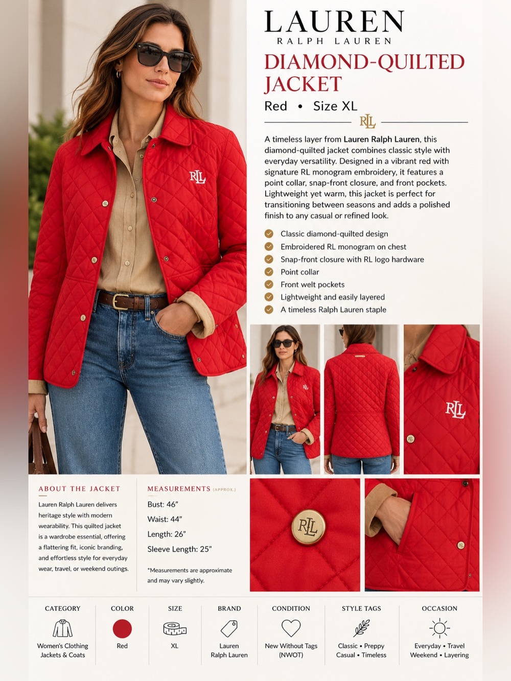 Lauren Ralph Lauren Diamond-Quilted Red Jacket RL Monogram Size XL